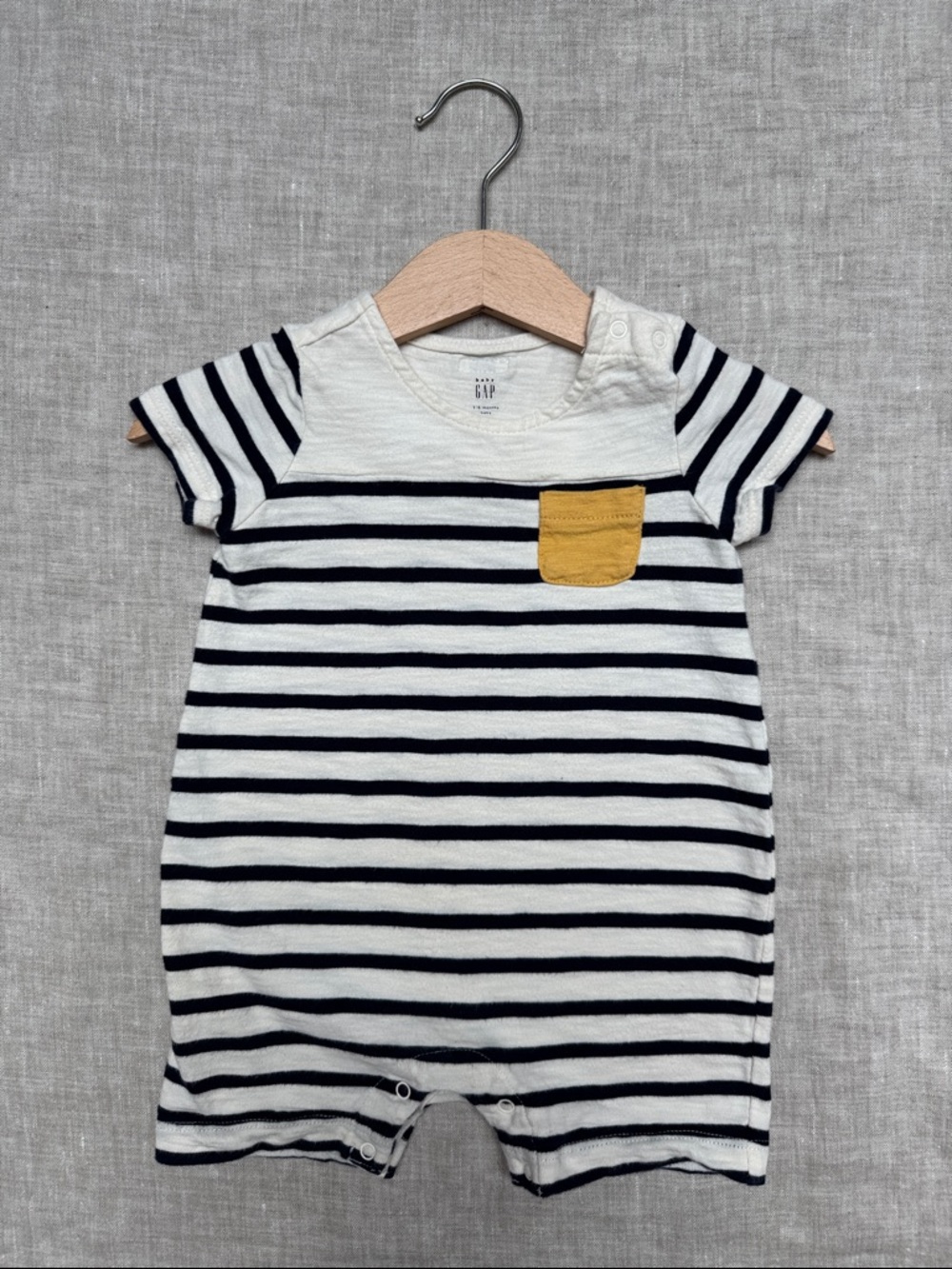 GAP Boys 3-6mo Navy & White Striped Baby Romper with Yellow Pocket